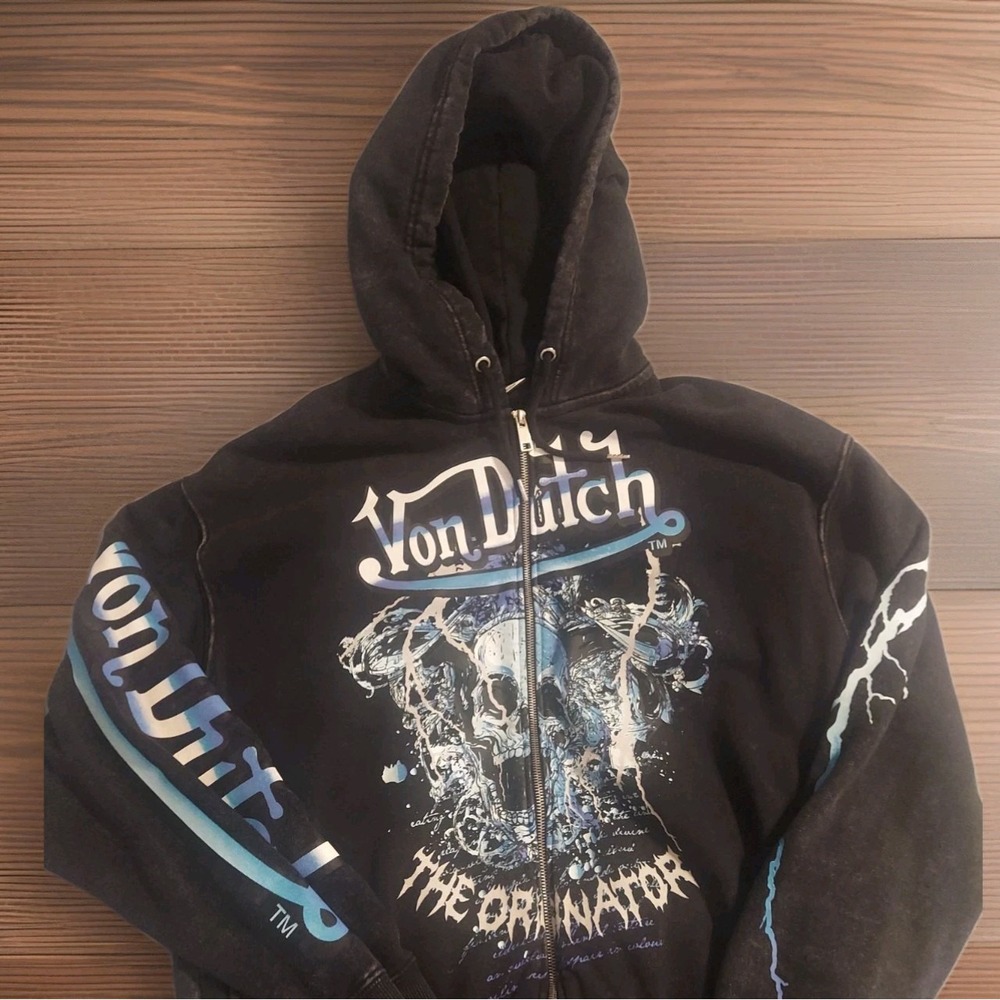 Von Dutch Distressed Hoodie Black Men's Medium Logo Streetwear Y2K Grunge Skull